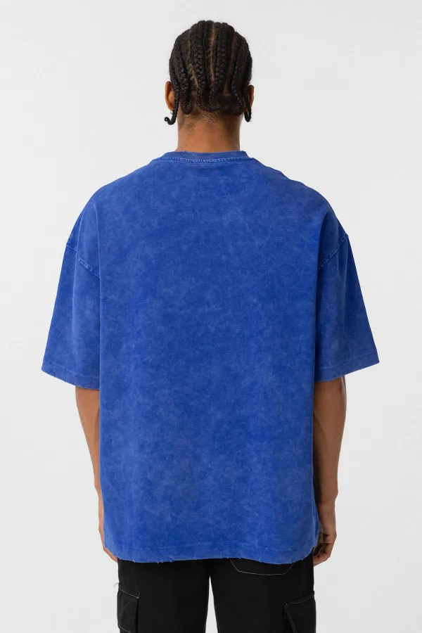 Yıkamalı Cep Detaylı Oversize Tişört Saks