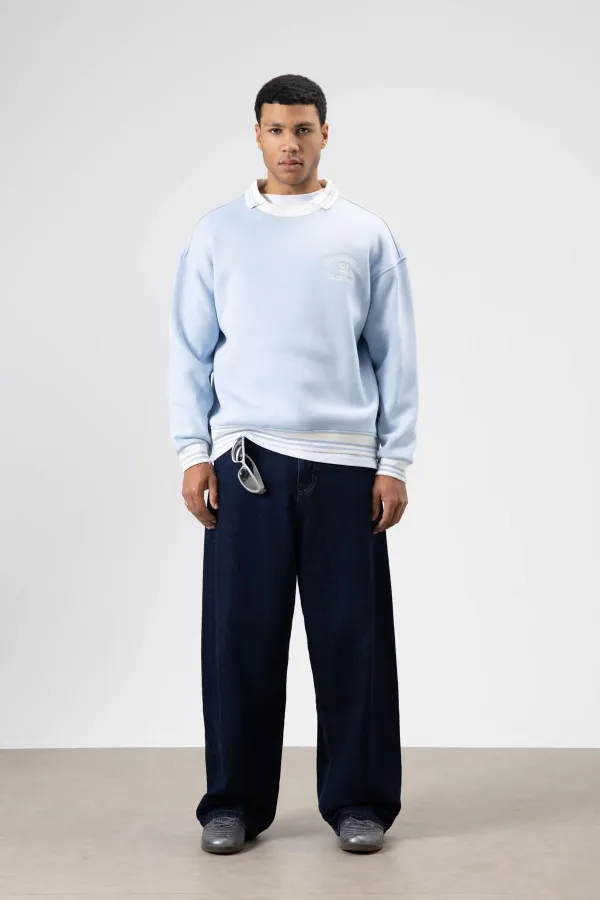 Oversize Yaka Nakış Detaylı Sweatshirt Bebe Mavi