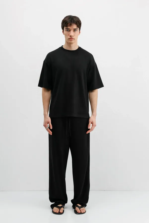 Fitilli Dokulu Oversize Tişört Siyah