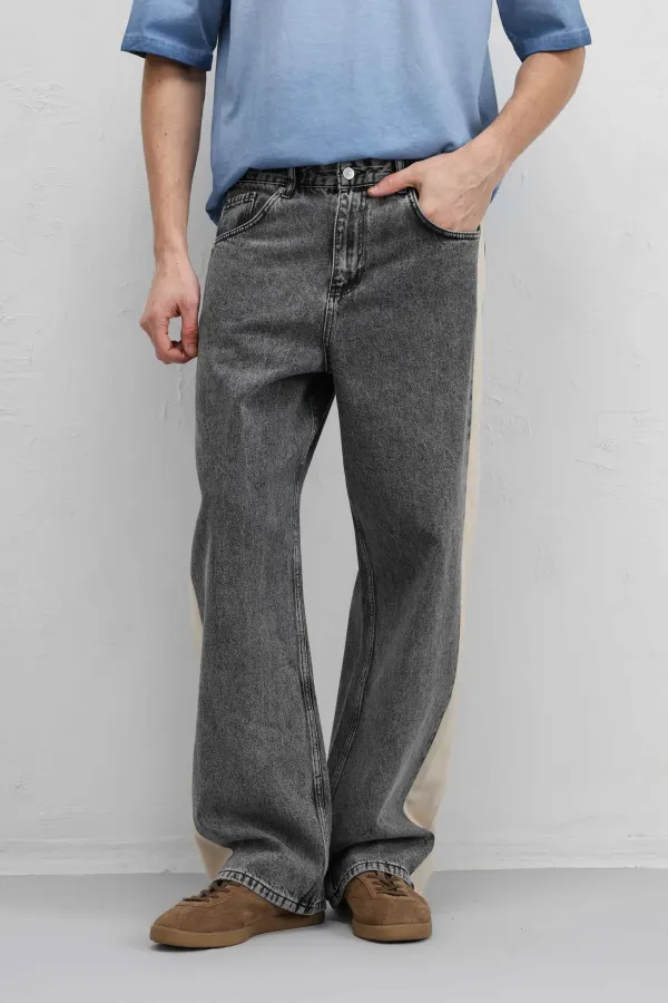 Yan Şeritli Baggy Fit Jean Antrasit
