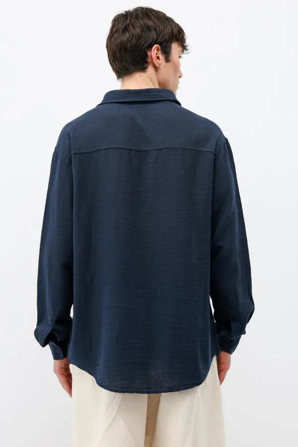 Uzun Kollu Basic Oversize Gömlek Lacivert