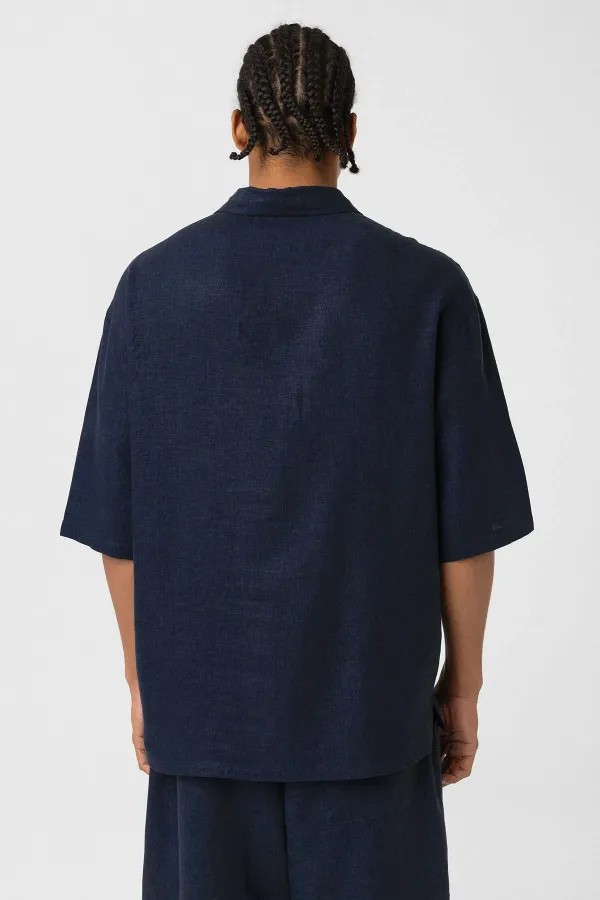 Double Pocket Oversize Linen Shirt Navy Blue