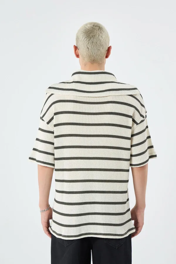 Oversize Çizgili Fermuarlı Yaka Triko Tişört Haki