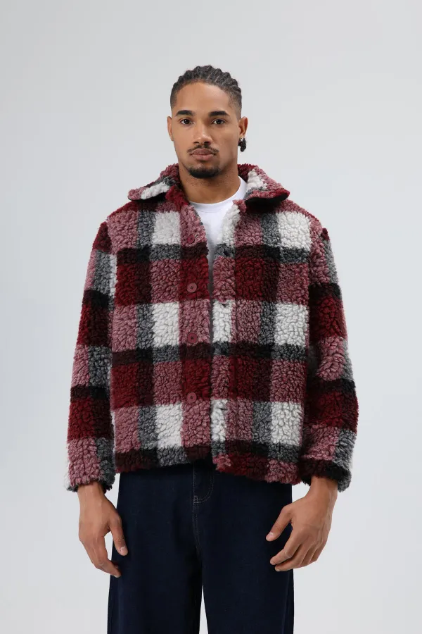 Oversize Peluş Ekose Ceket Bordo