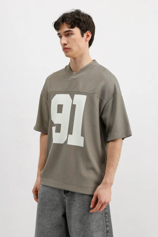 Baskılı Fitilli Oversize Tişört Haki