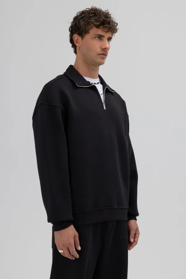 Oversize Fermuarlı Dik Yaka Sweatshirt Siyah