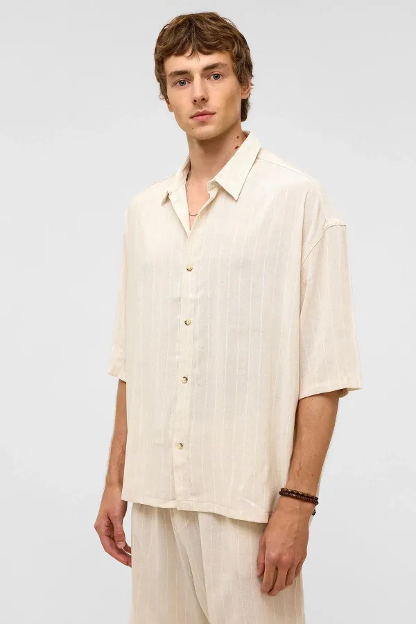 Oversize Çizgili Kısa Kollu Keten Gömlek Beyaz
