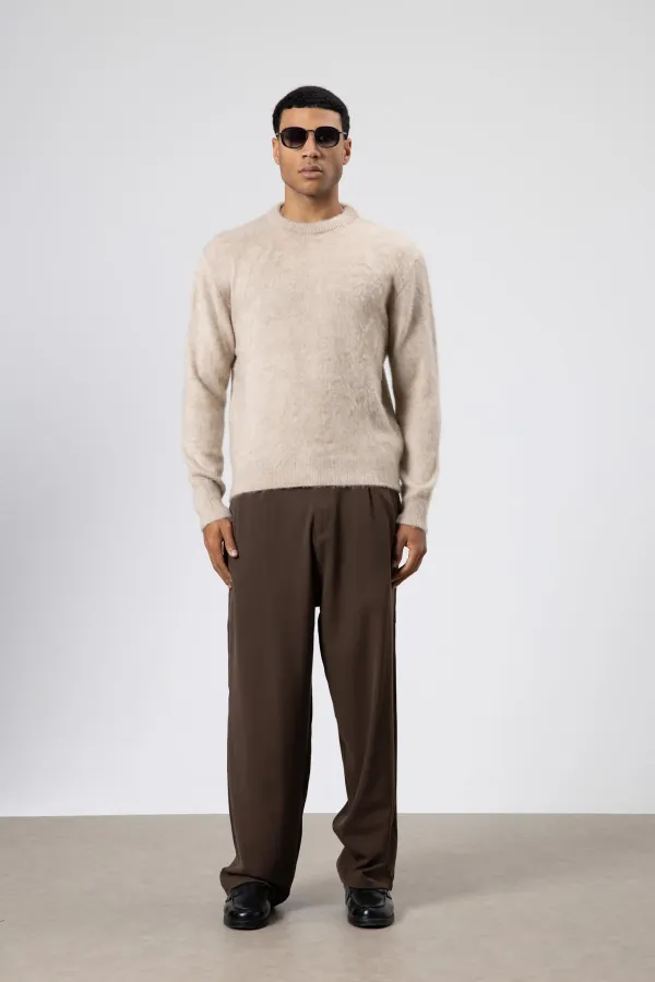 Oversize Yumuşak Dokulu Bisiklet Yaka Kazak Bej