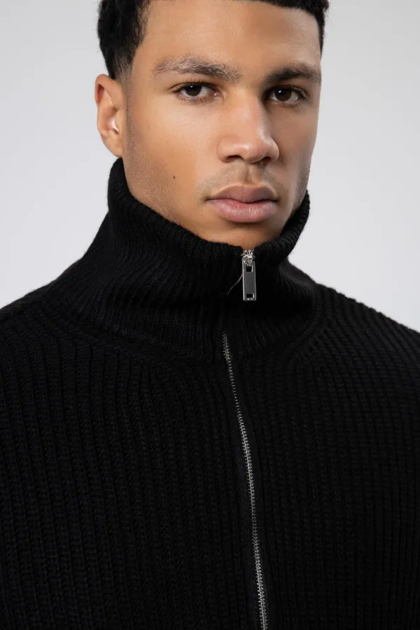 Oversize Fermuarlı Triko Hırka Siyah