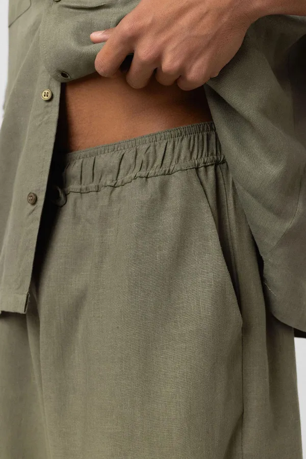 Oversize Keten Şort Haki