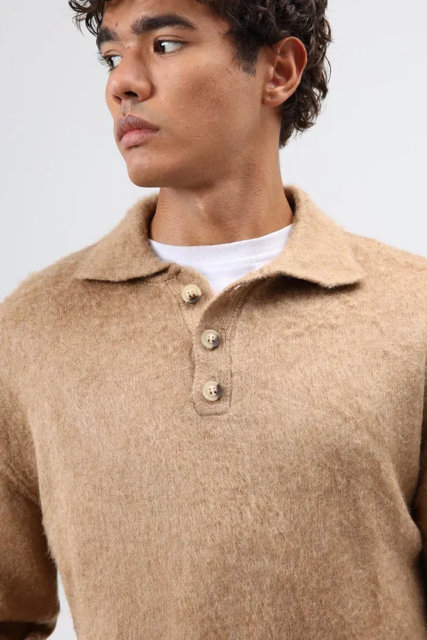 Pull en maille douce texturée beige à col polo
