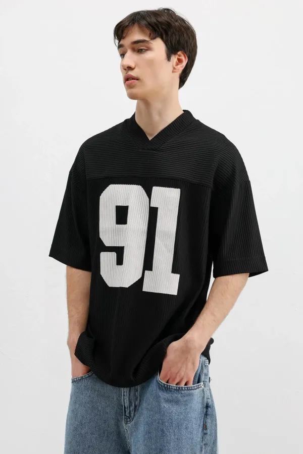 Printed Corduroy Oversize T-Shirt Black