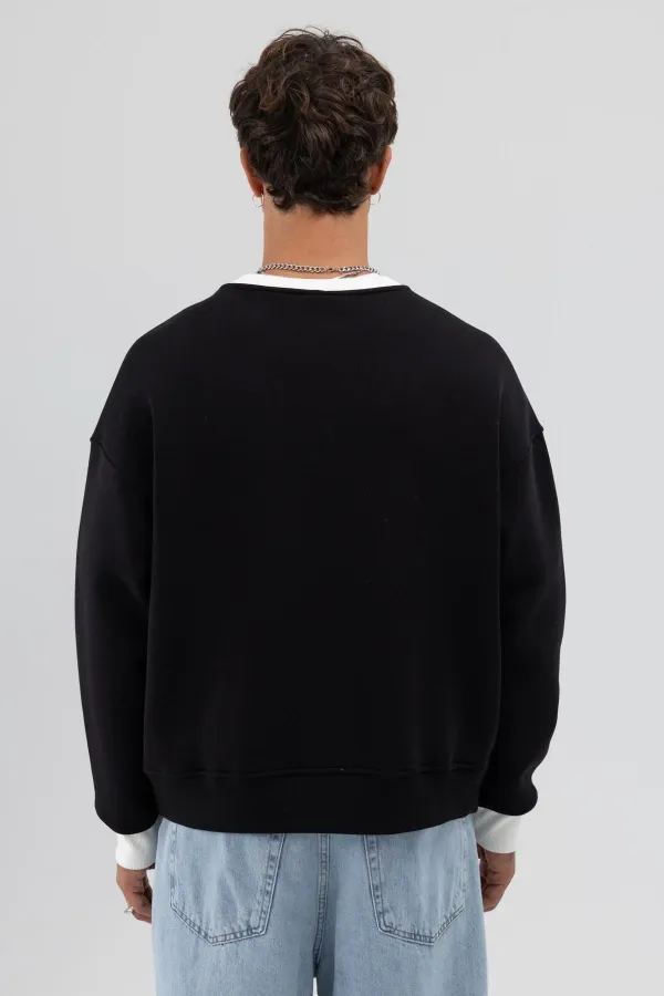 Crew Neck Oversize Sweatshirt with Pocket Detail, Black
