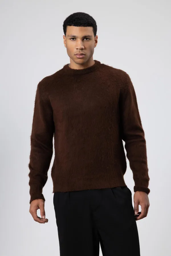 Oversize Yumuşak Dokulu Bisiklet Yaka Kazak Kahve