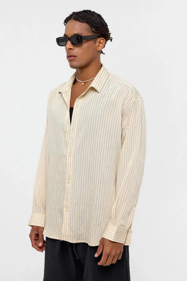 Oversize Çizgili Uzun Kollu Gömlek Bej