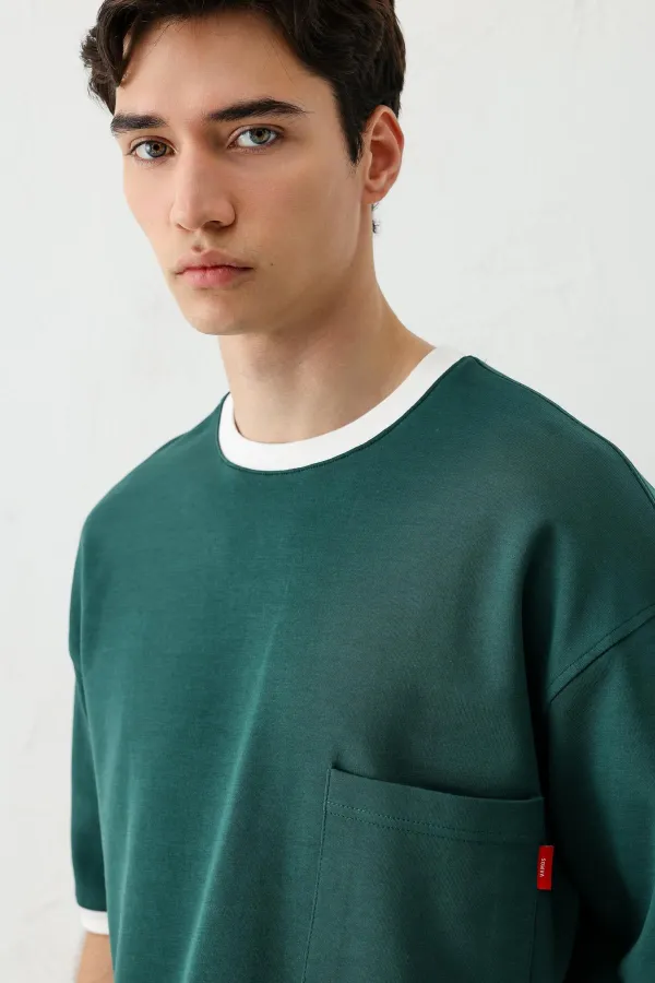 Kısa Kollu Oversize Cepli Tişört Nefti