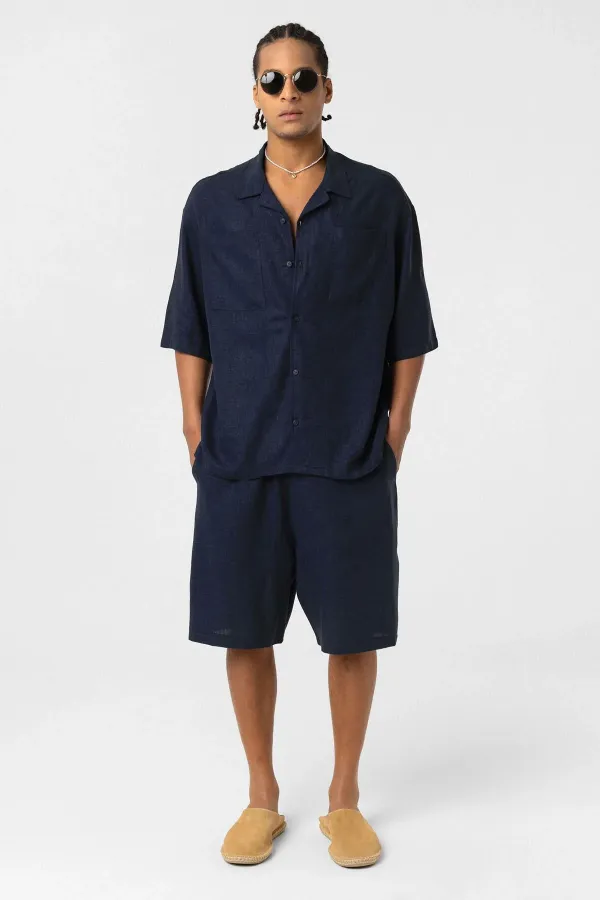 Double Pocket Oversize Linen Shirt Navy Blue