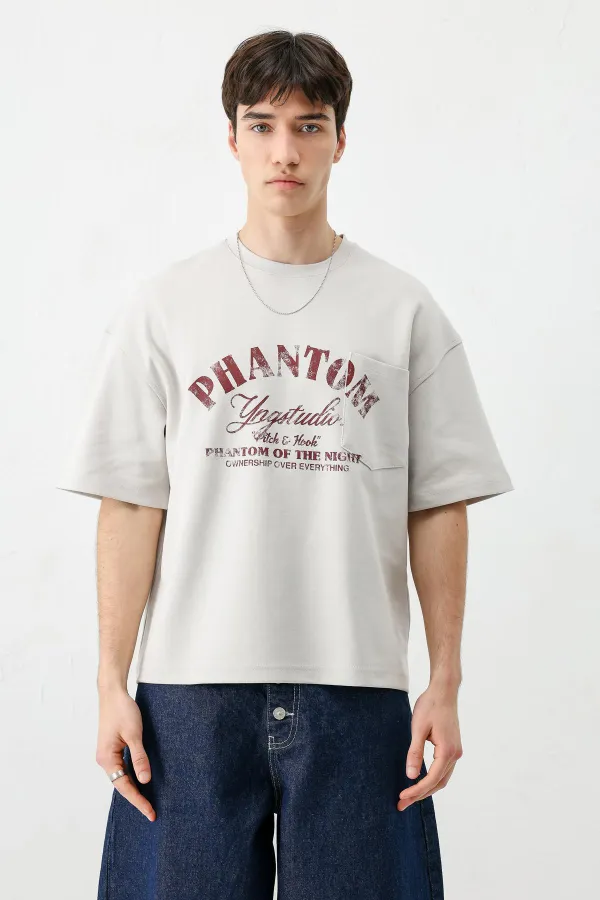 Kısa Kollu Boxy Fit Baskılı Tişört Gri