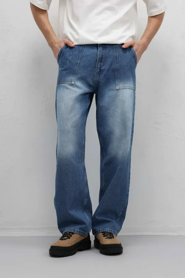 Pocket Detail Baggy Fit Jeans Blue