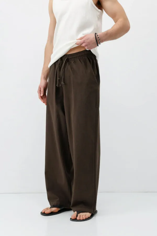 Super Baggy Fit Keten Pantolon Kahve