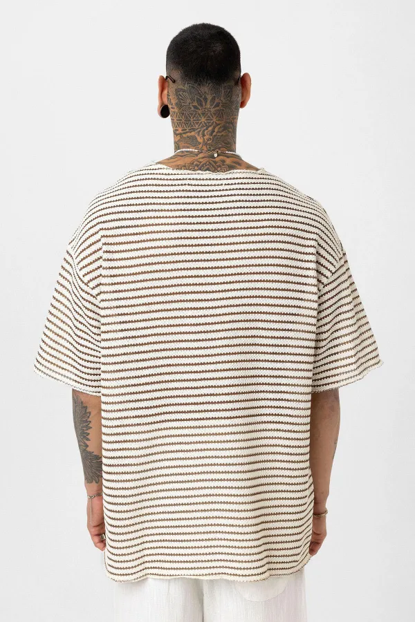 T-shirt rayé oversize en maille, marron