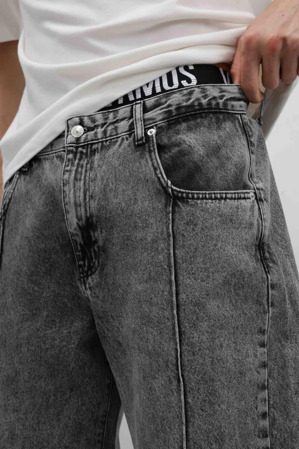 Dikiş Detaylı Relaxed Fit Jean Gri