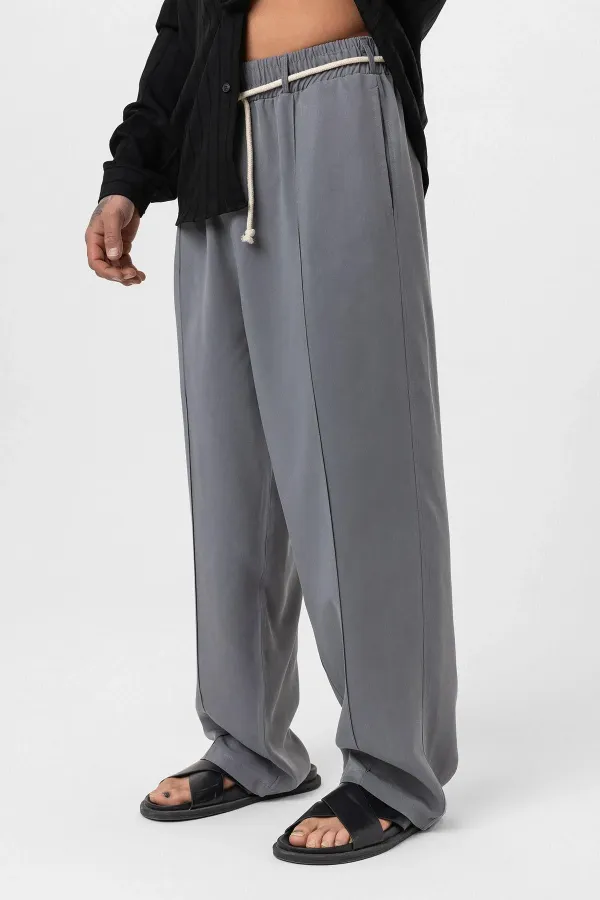 Kemer Detaylı Baggy Lyocell Pantolon Gri