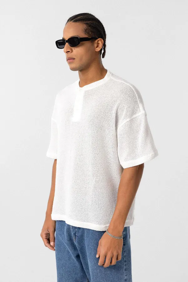 Basic Oversize Button-Down T-Shirt, Ecru