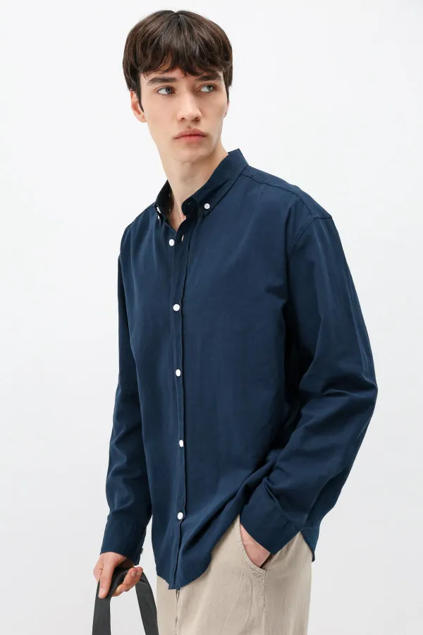 Basic Oversize Pamuk  Keten Gömlek Lacivert