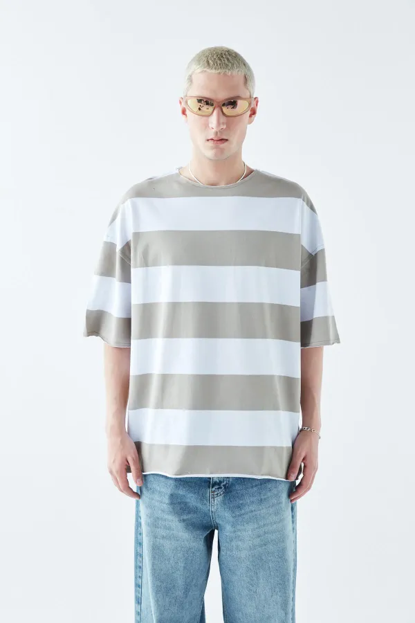 Digitally Printed Striped 100% Cotton Oversize T-Shirt, Khaki