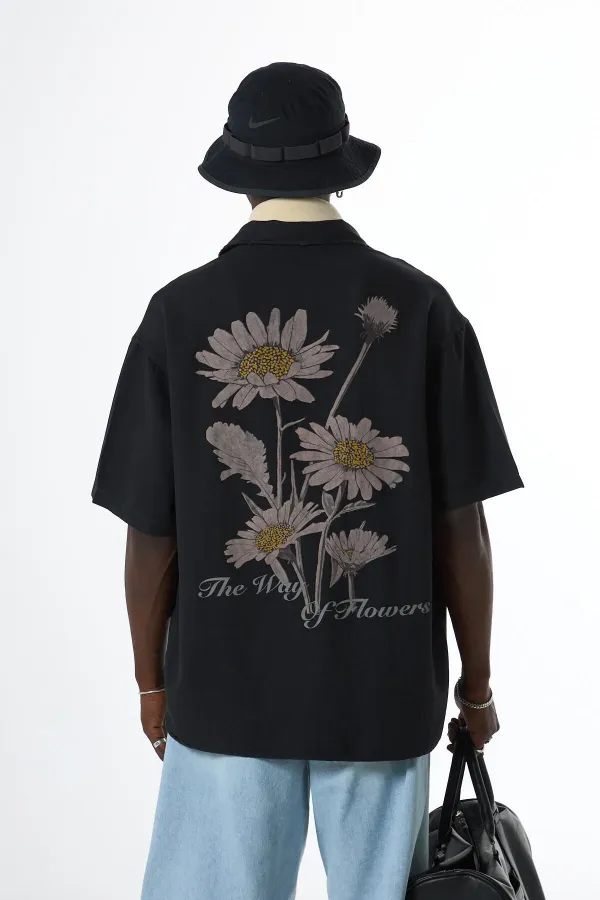 Yıkamalı Oversize Arka Baskılı Kısa Kol Cepsiz Gömlek Siyah