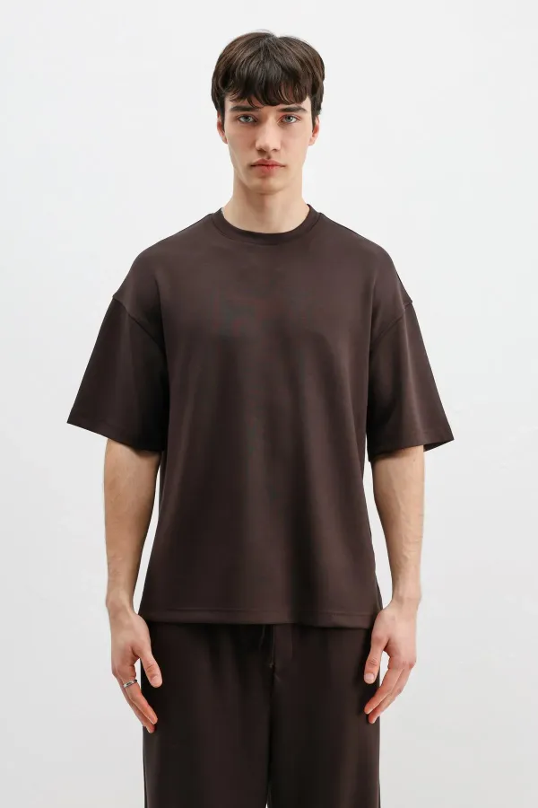 Modal Karışımlı Oversize Tişört Kahve