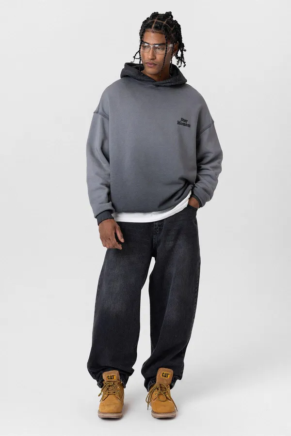Premium Washed Oversize Hooded Sweatshirt with Text Detail, Black