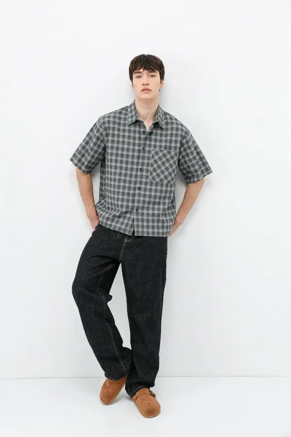 Checked Short-Sleeved Oversize Shirt, Khaki