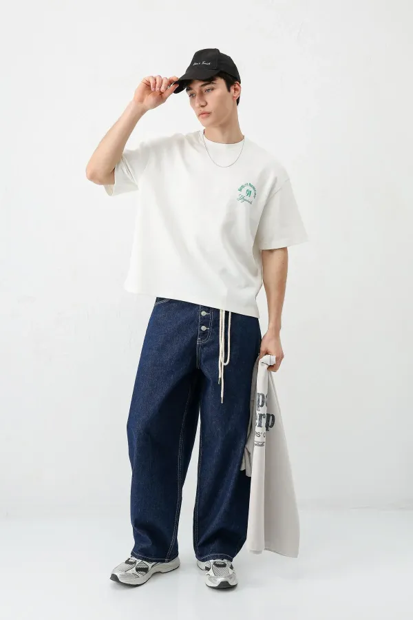 Kısa Kollu Boxy Fit Baskılı Tişört Ekru