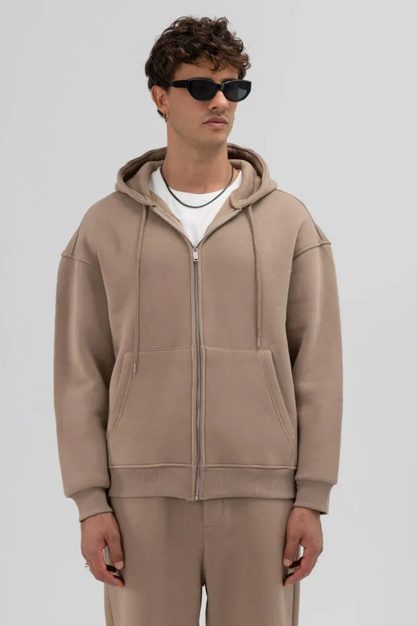 Sweat à capuche oversize basique zippé, couleur vison