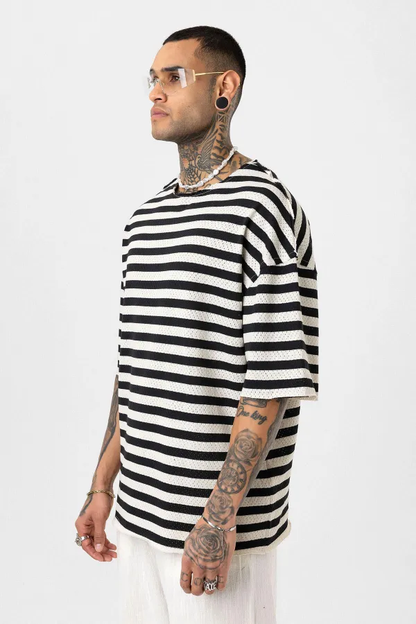 Striped Oversize Knit T-Shirt Black