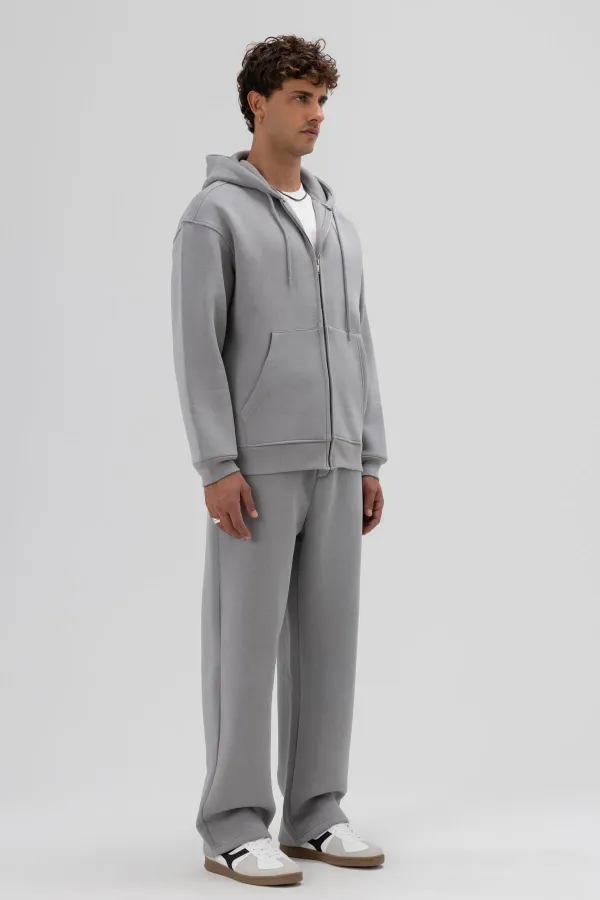 Basic Zip-Up Oversize Hooded Sweatshirt Grey