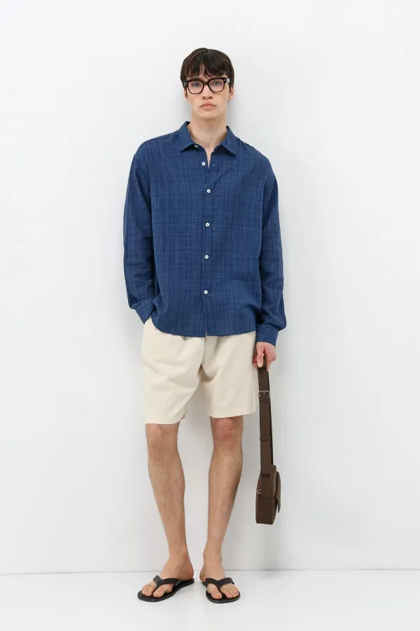 Dokulu Keten Görünümlü Oversize Gömlek Lacivert