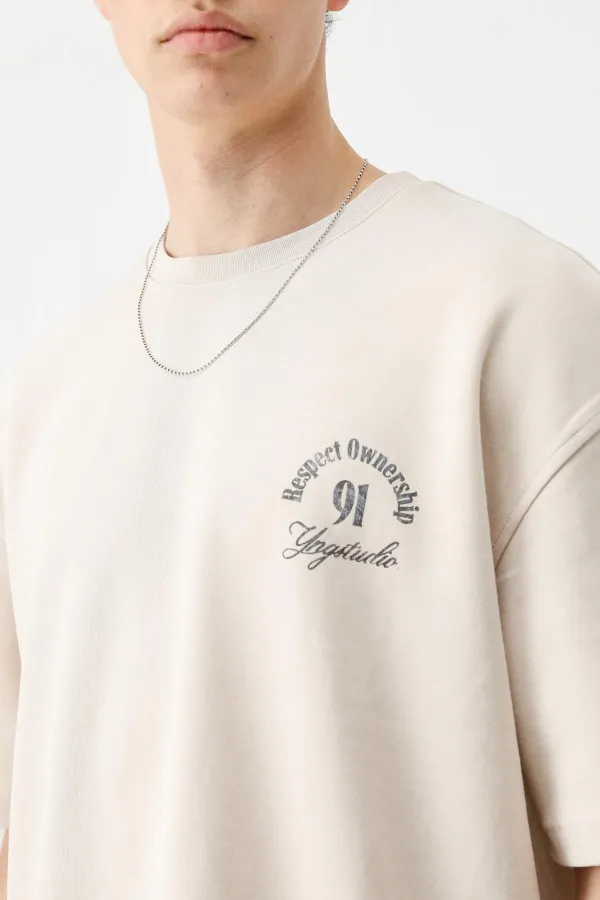 Kısa Kollu Boxy Fit Baskılı Tişört Taş