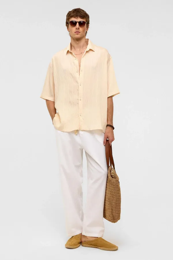 Oversize Striped Short-Sleeved Modal Fabric Shirt, Beige