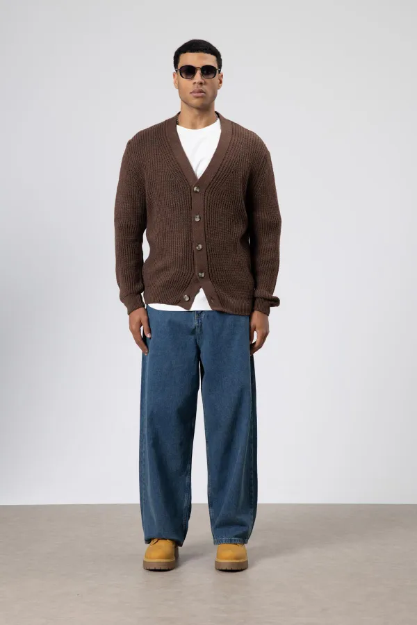 V Yaka Düğmeli Örgü Hırka Kazak Vizon