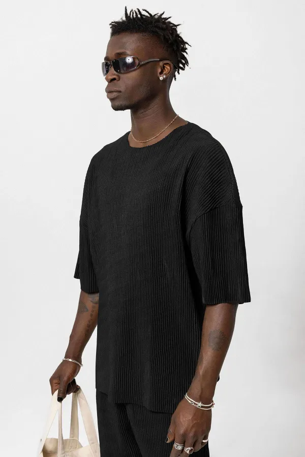 Basic Oversize Bisiklet Yaka Ottoman Takım Siyah