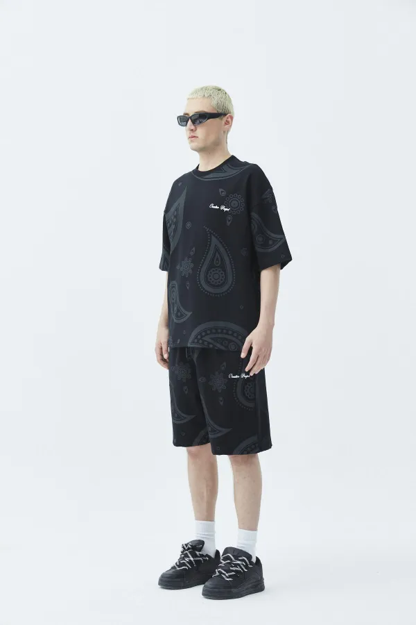 Oversize Desenli Şort Tişört Takım Siyah