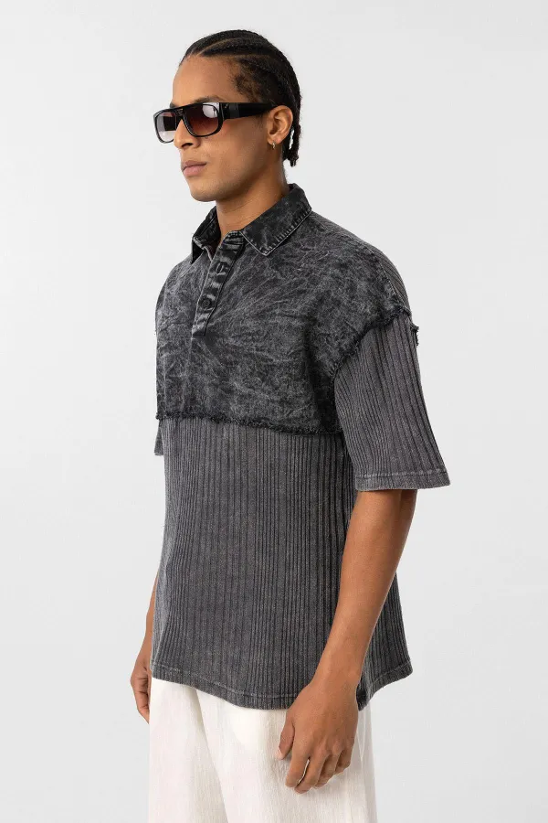 Yıkamalı Oversize Polo Yaka Tişört Siyah