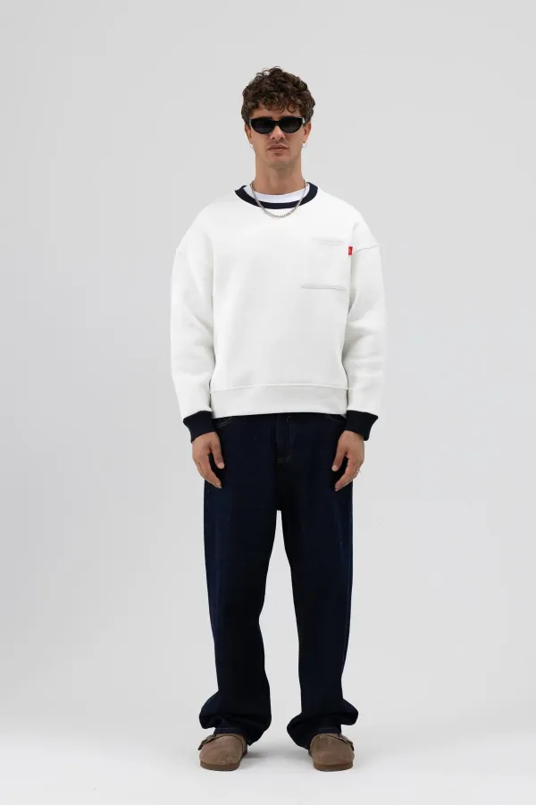 Sweat-shirt oversize à col rond avec poche, écru