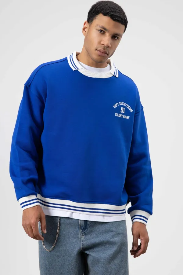 Sweat-shirt oversize à col brodé, bleu marine