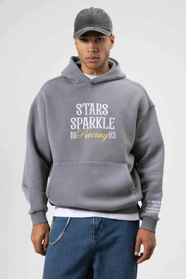 Oversize Nakış Baskılıkapüşonlu Sweatshirt Füme