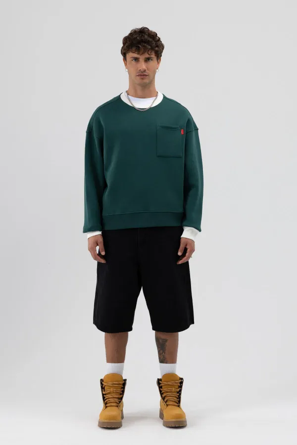 Bisiklet Yaka Cep Detaylı Oversize Sweatshirt Nefti