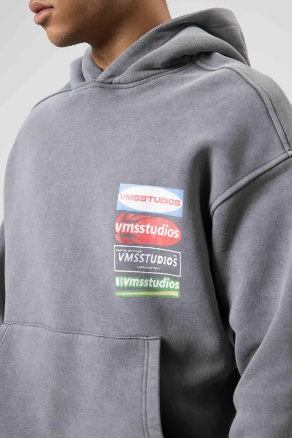 Oversize Yıkamalı Baskılı Kapüşonlu Sweatshirt Füme